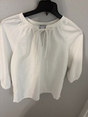 Nine West White Linen Blend Viscose Round Neck Tie 3/4 Sleeve Blouse S
